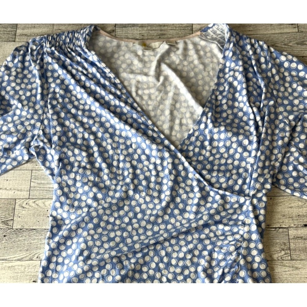 Boden Joanna Faux Wrap Top Blue White Polka Dot Ruched Jersey Puff Sleeve 16/18
